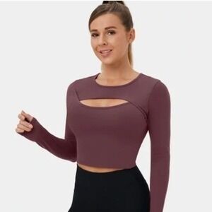 NWT HALARA SoftlyZero™ Long Sleeve Cutout Crop Top Activewear Burgundy Size L